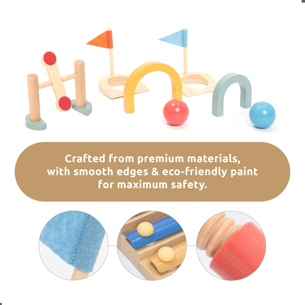 UMU wooden mini golf set gates and holes arranged for creative play
