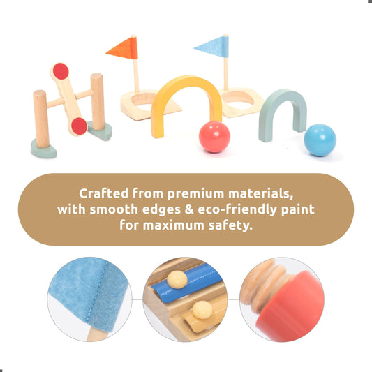 UMU wooden mini golf set gates and holes arranged for creative play
