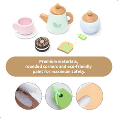 UMU wooden tea set includes tea bags and lemon slices for pretend hospitality