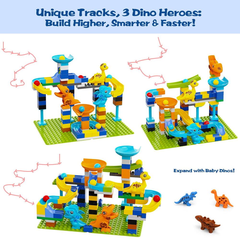 Unasas Marble Run house and dinos scene for imaginative storytelling