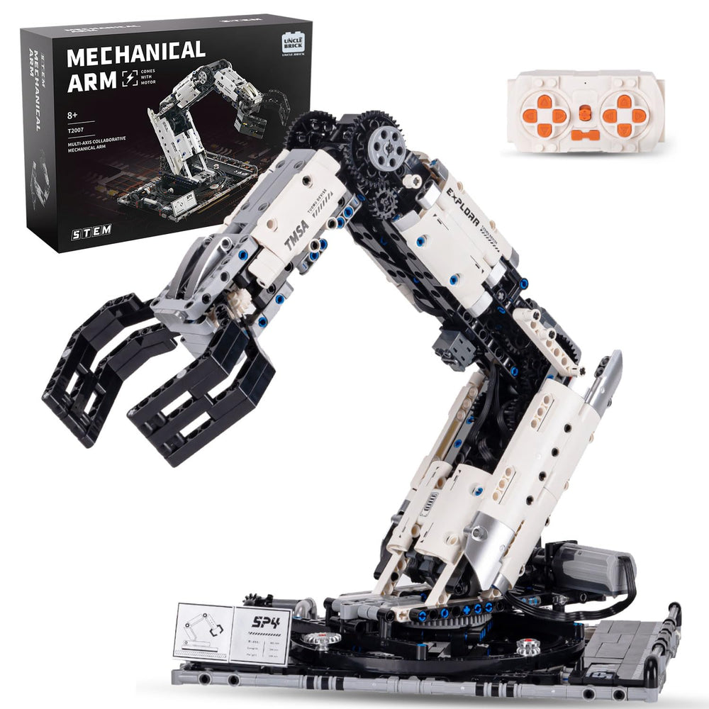 UNCLE BRICK robotic arm assembly with articulated joints for hands-on learning.