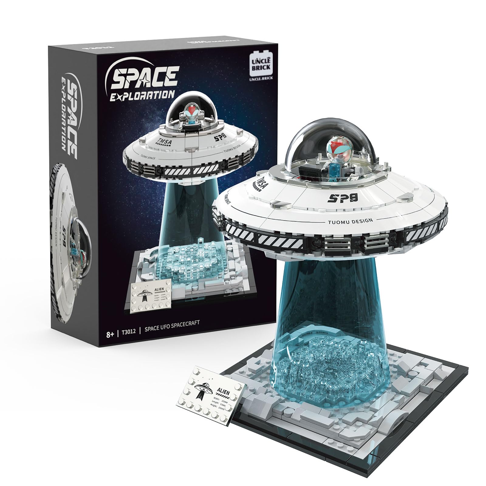 UNCLE BRICK Space UFO assembly shows 700+ pieces for creative play.