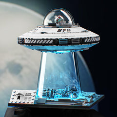 UNCLE BRICK Space UFO night-light provides cozy ambience.