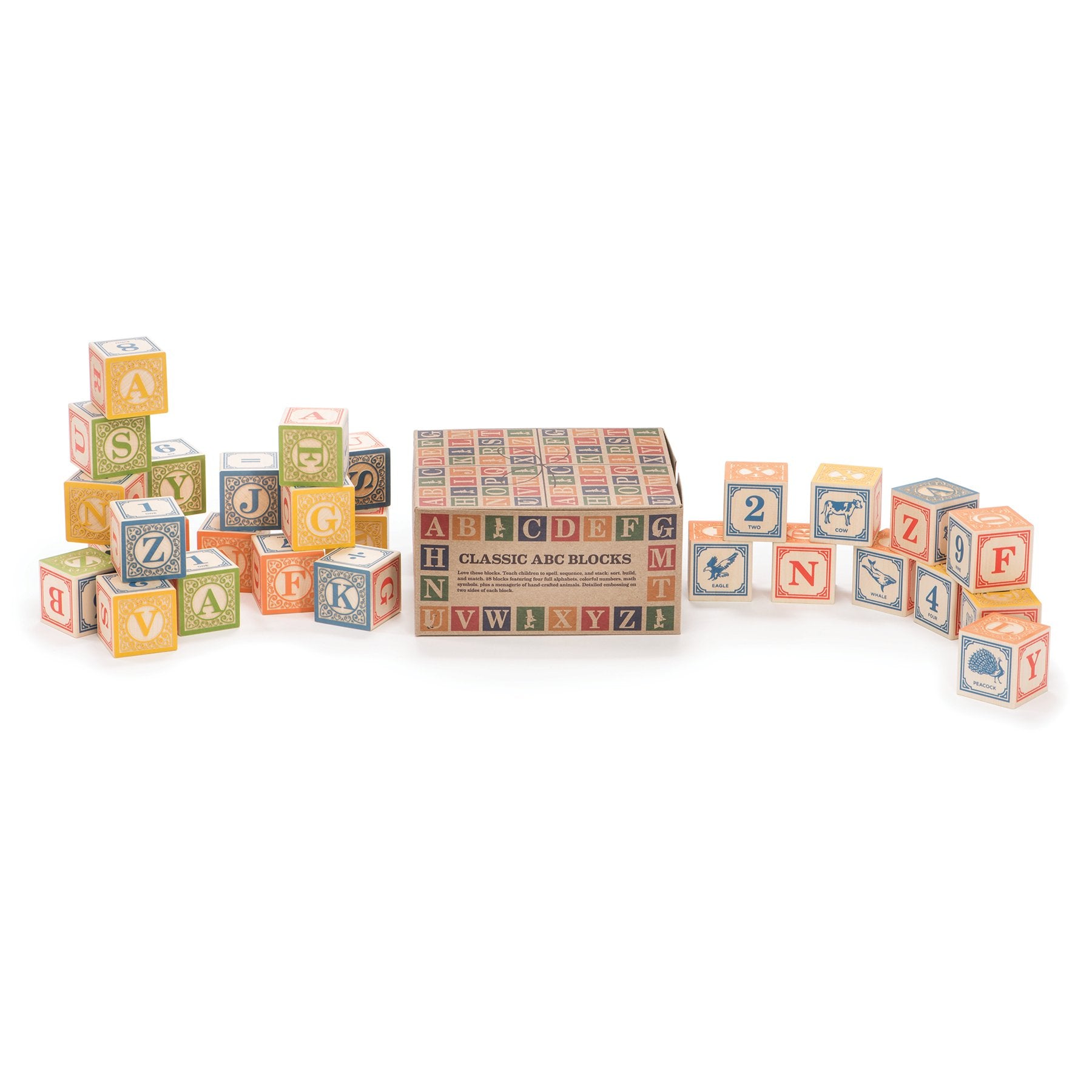 Uncle Goose Classic ABC Blocks provide durable, 1.75 inch cubes for hands-on learning.