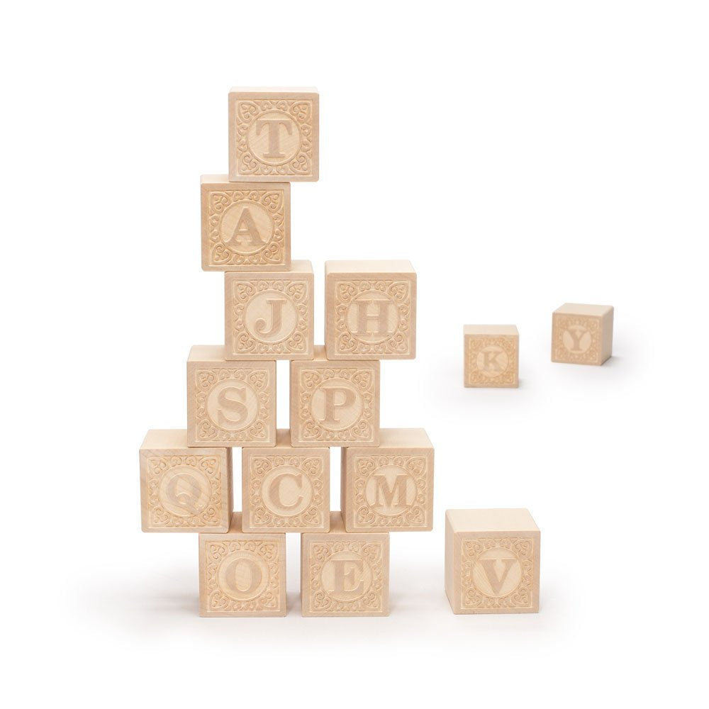Uncle Goose uppercase Alphablank blocks with 14 natural basswood cubes for creative play