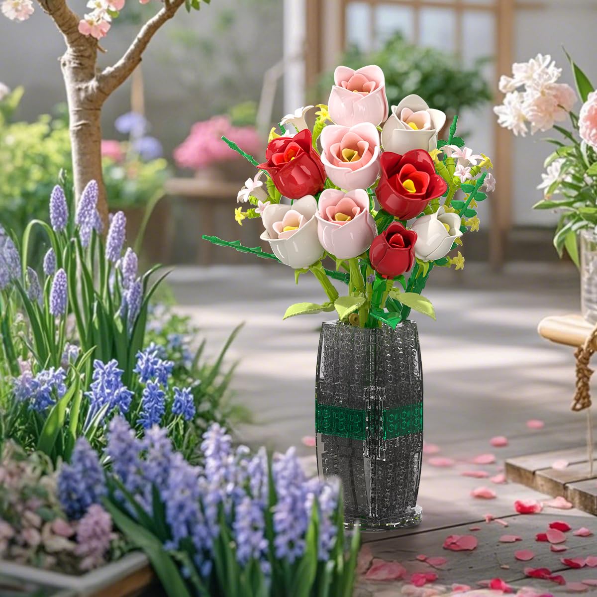 Under the Baubles Red Roses Bouquet shown with Lego Flowers for a cohesive collection