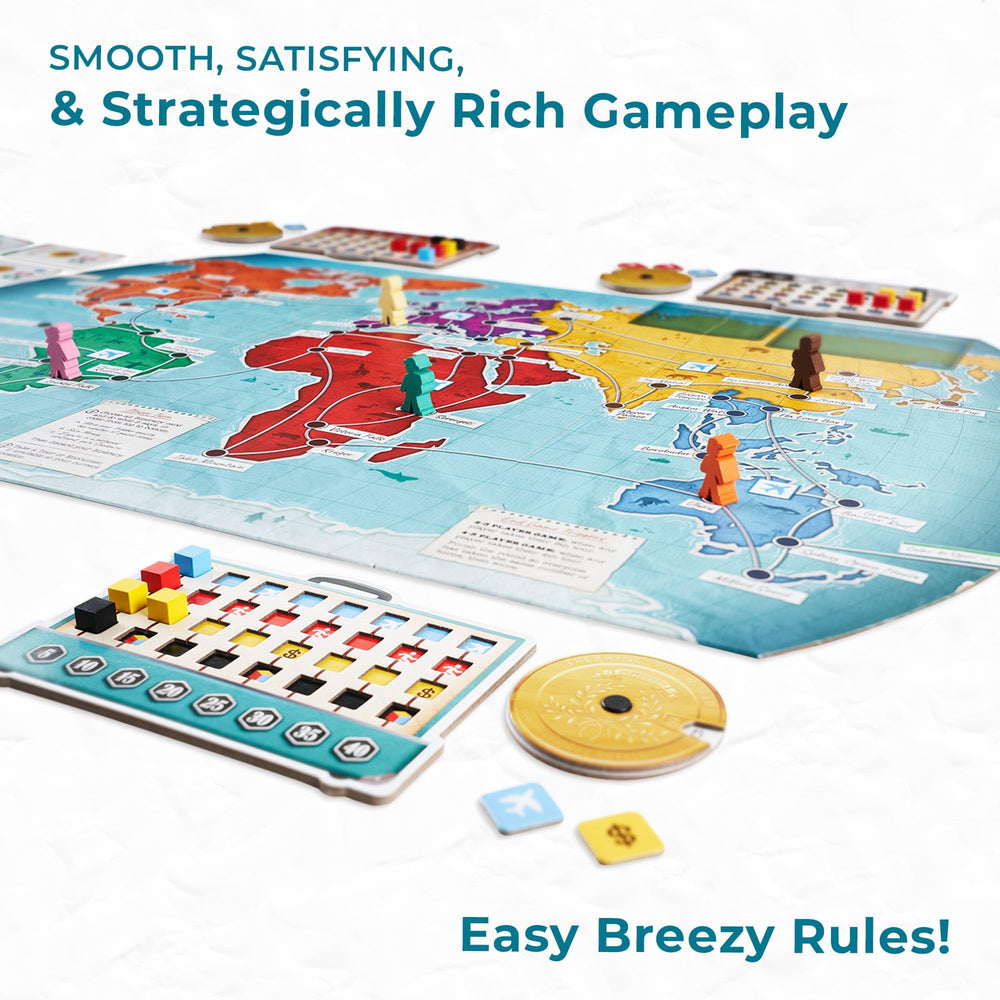 Underdog Games Trekking the World 2nd Edition souvenir tokens add tactile fun and collectability.