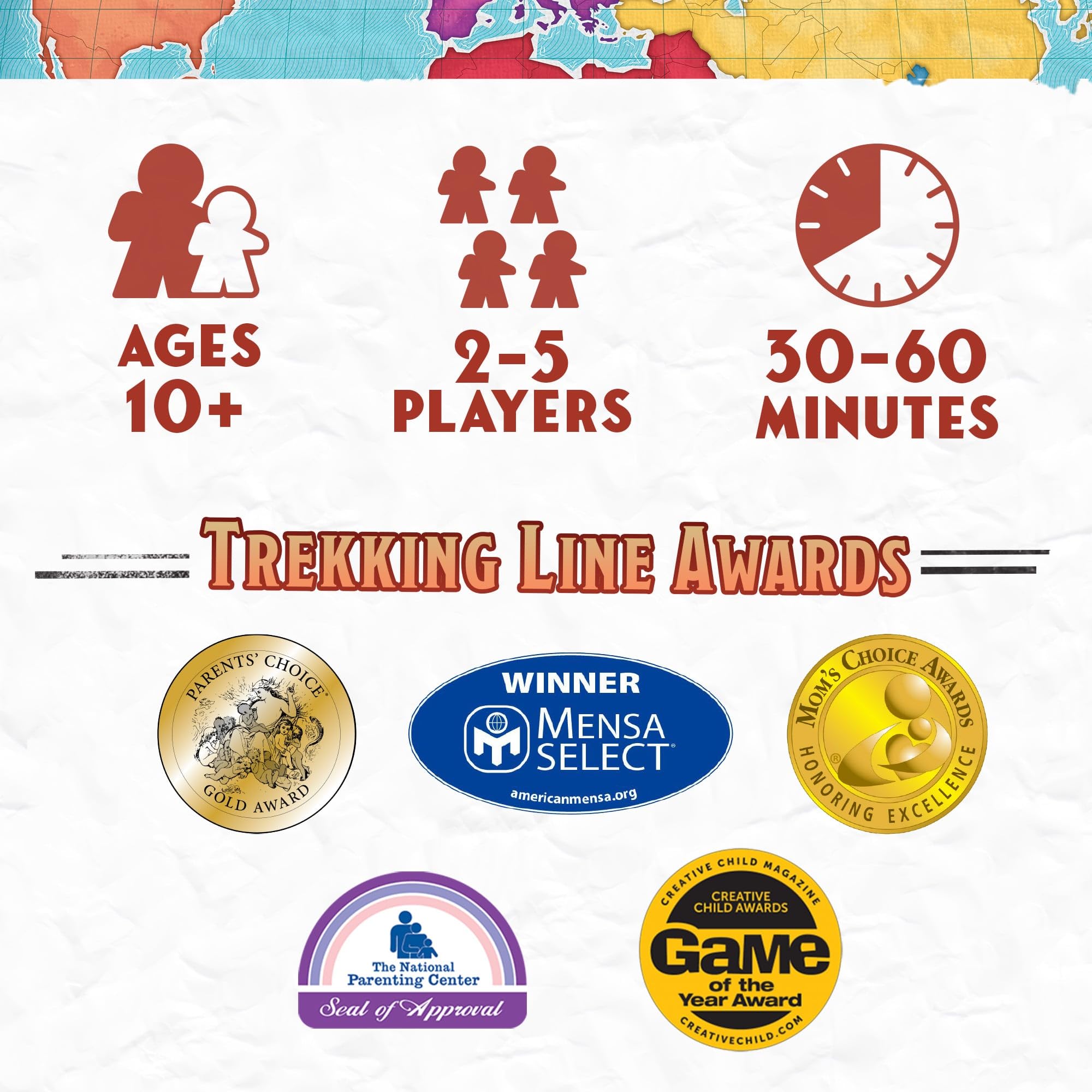 Underdog Games Trekking the World packaging communicates support for nonprofits through proceeds.
