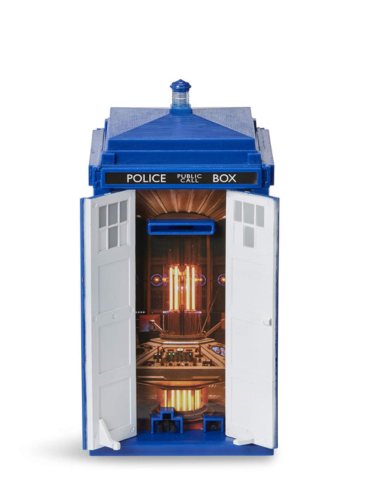 Illuminated lantern light flashes as the doors open, bringing the TARDIS to life.