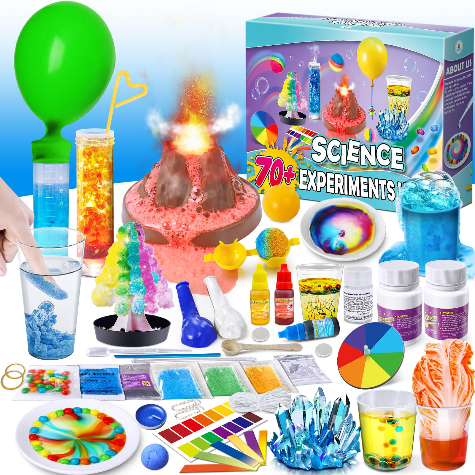 UNGLINGA 70+ experiments kit open box for curious kids to start science safely.