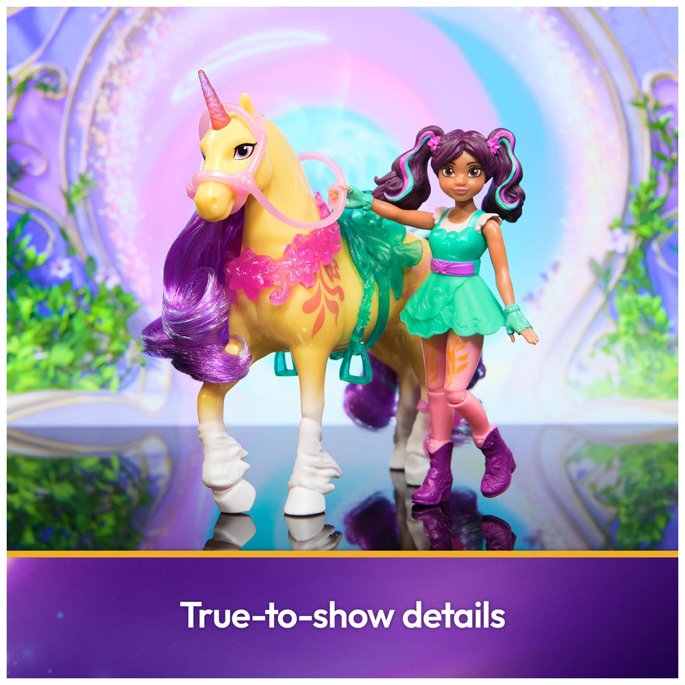 Unicorn Academy Leaf 5 inch unicorn with metallic Plant Magic markings for sparkly play.