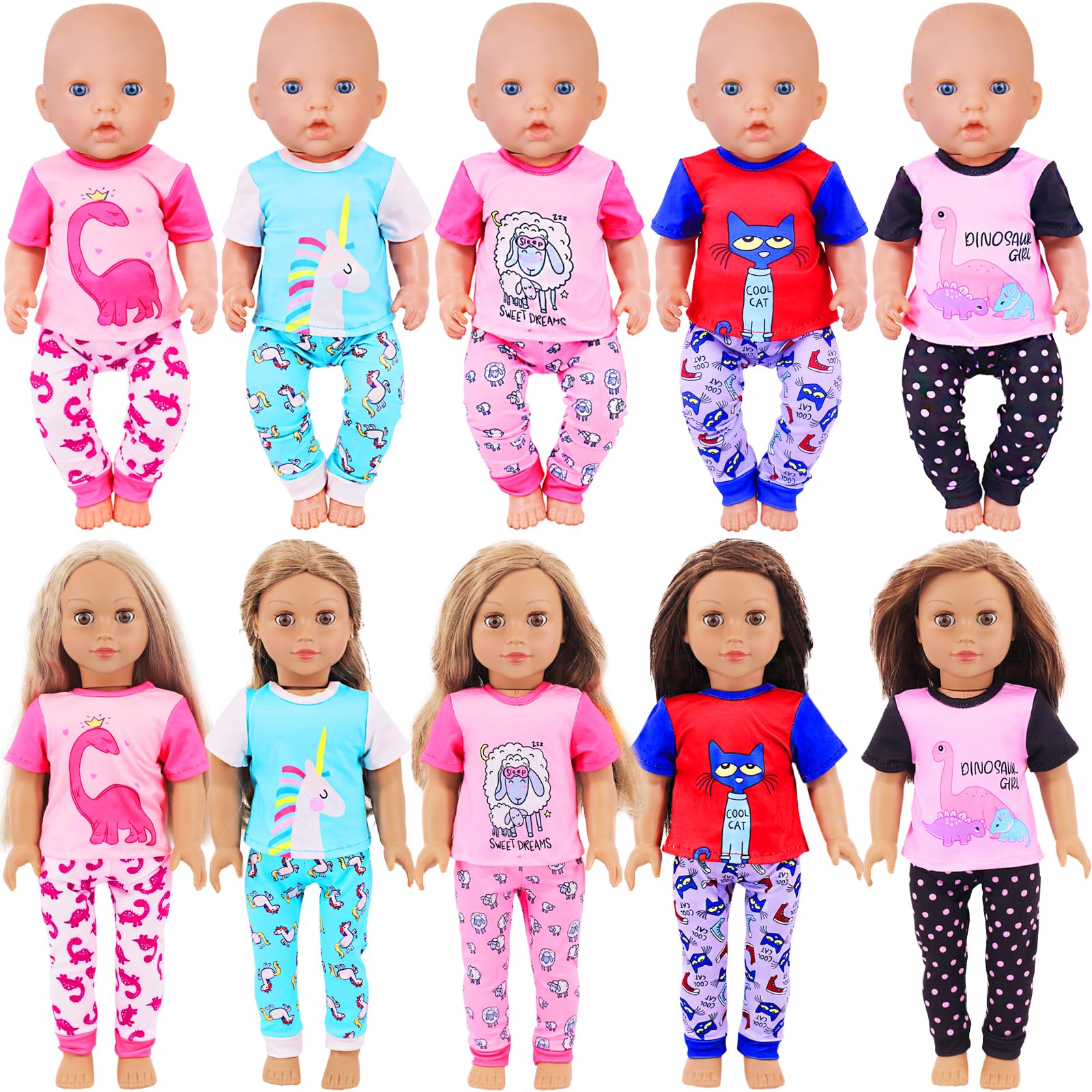 UNICORN ELEMENT tri-colour dinosaur pajamas for 14-18 inch dolls, cozy and fun
