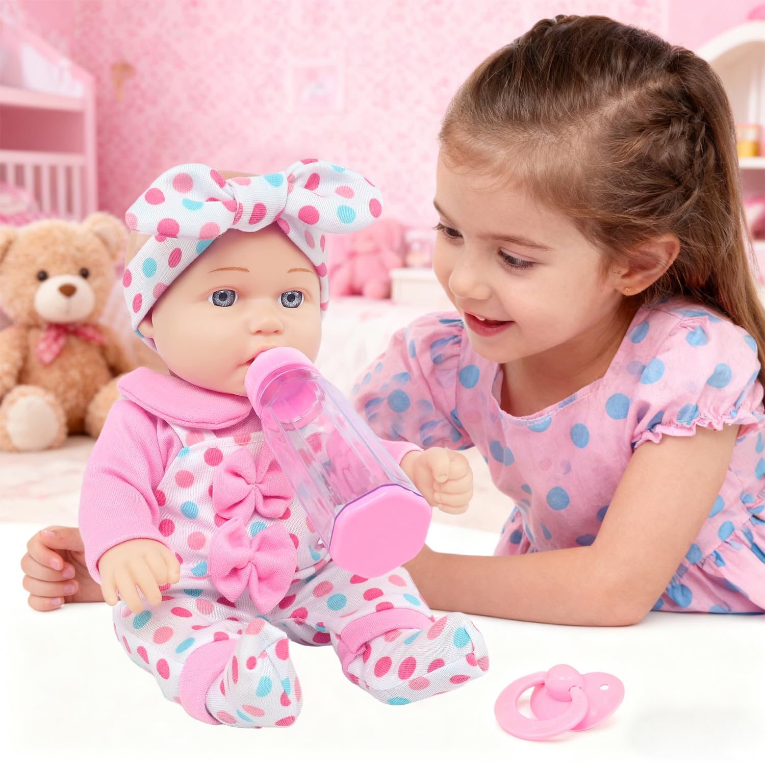 UNICORN ELEMENT Doll bottle facilitates feeding-themed pretend scenarios.