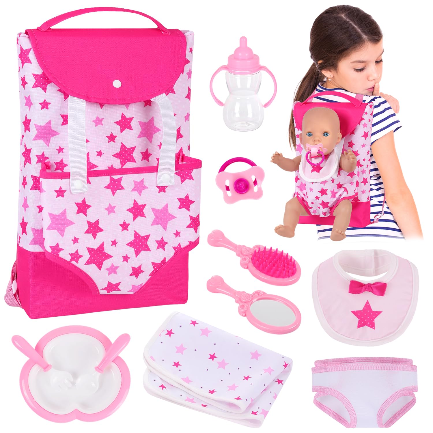 UNICORN ELEMENT 11-Pcs Backpack Carrier set for 18-inch dolls, ideal for pretend play.