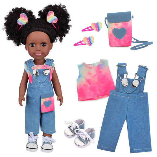 UNICORN ELEMENT Black Baby Doll with Tie-Dye Rainbow Top, ready for imaginative play and storytelling.