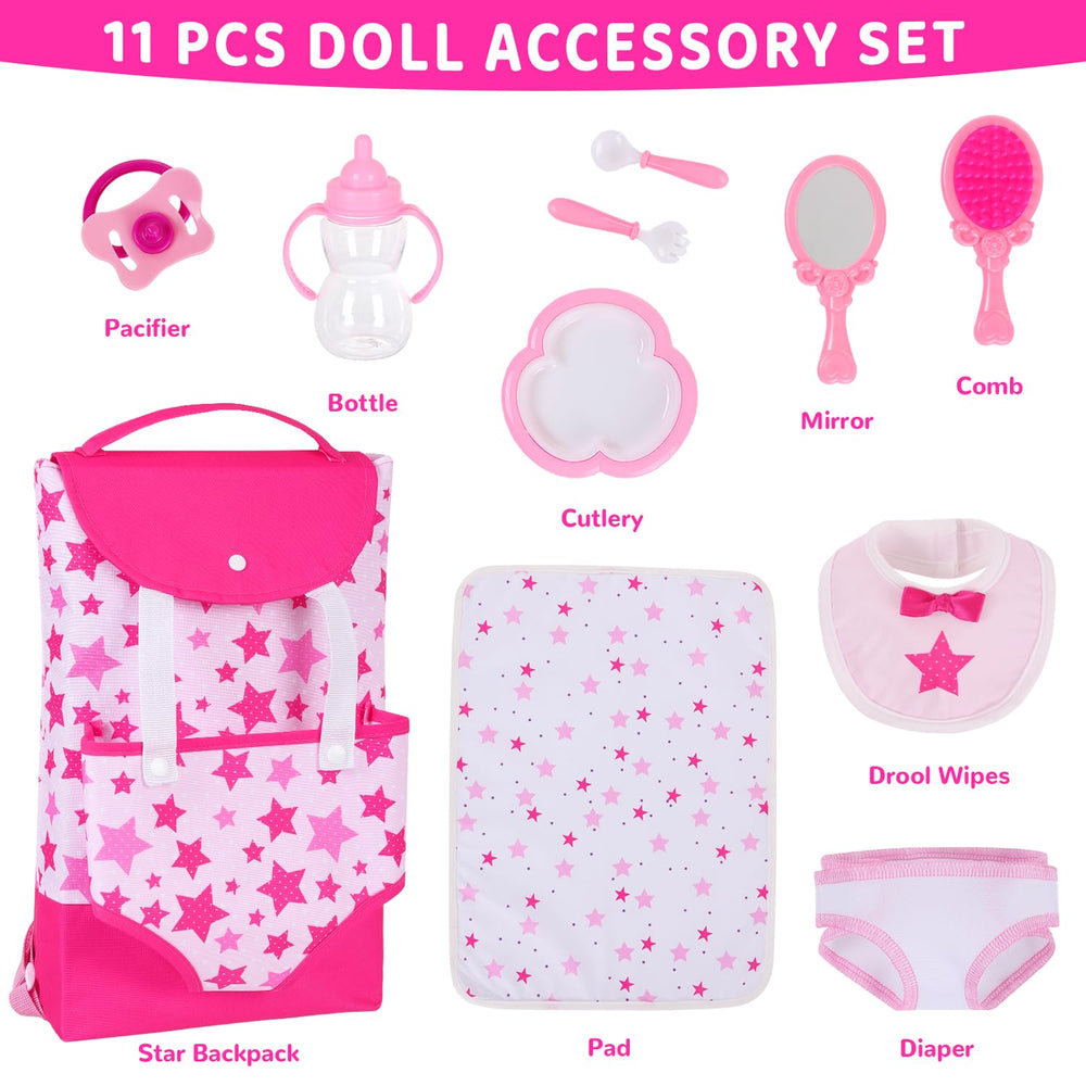 UNICORN ELEMENT pink star-pattern backpack ready for on-the-go doll adventures.