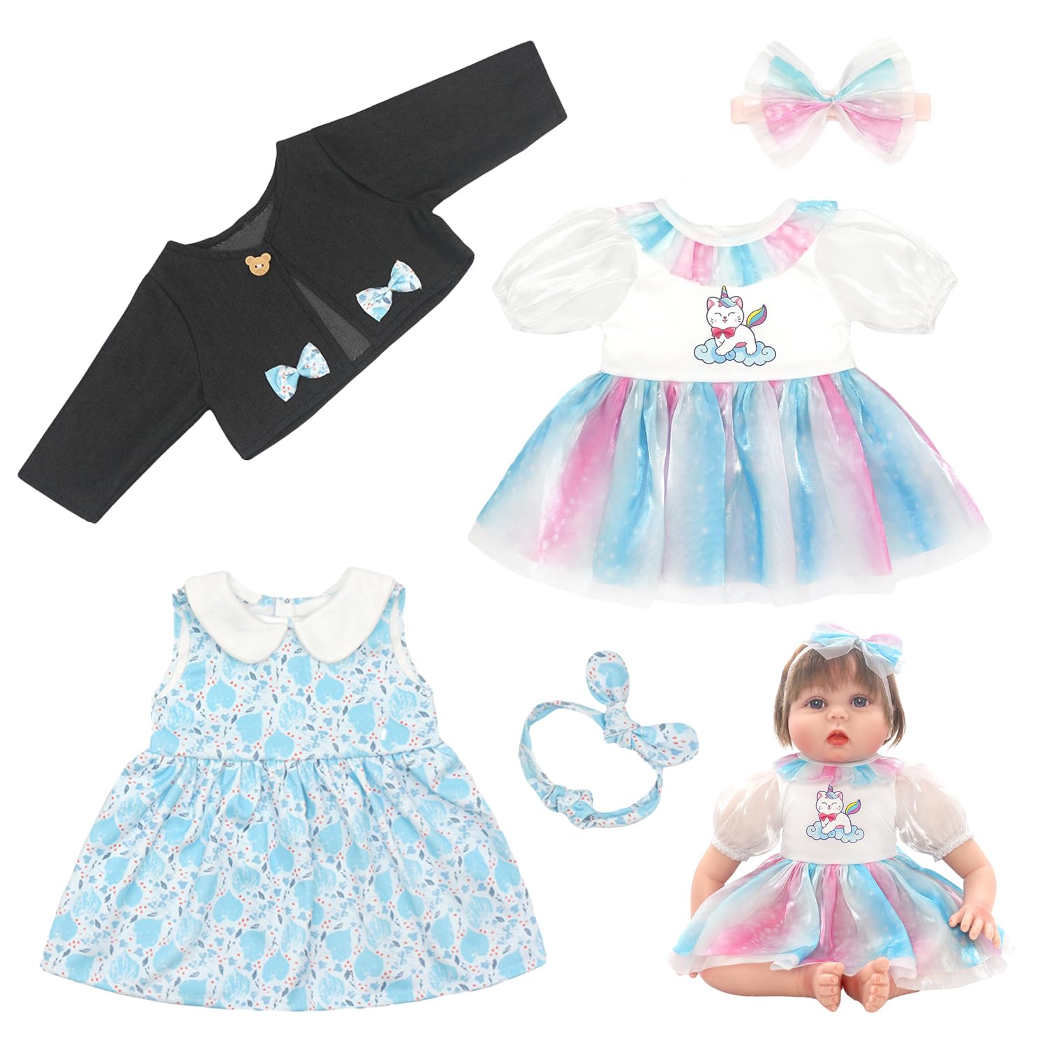 Unicorn Element Reborn Doll Clothes front view with two-dress set for 20-22 inch dolls