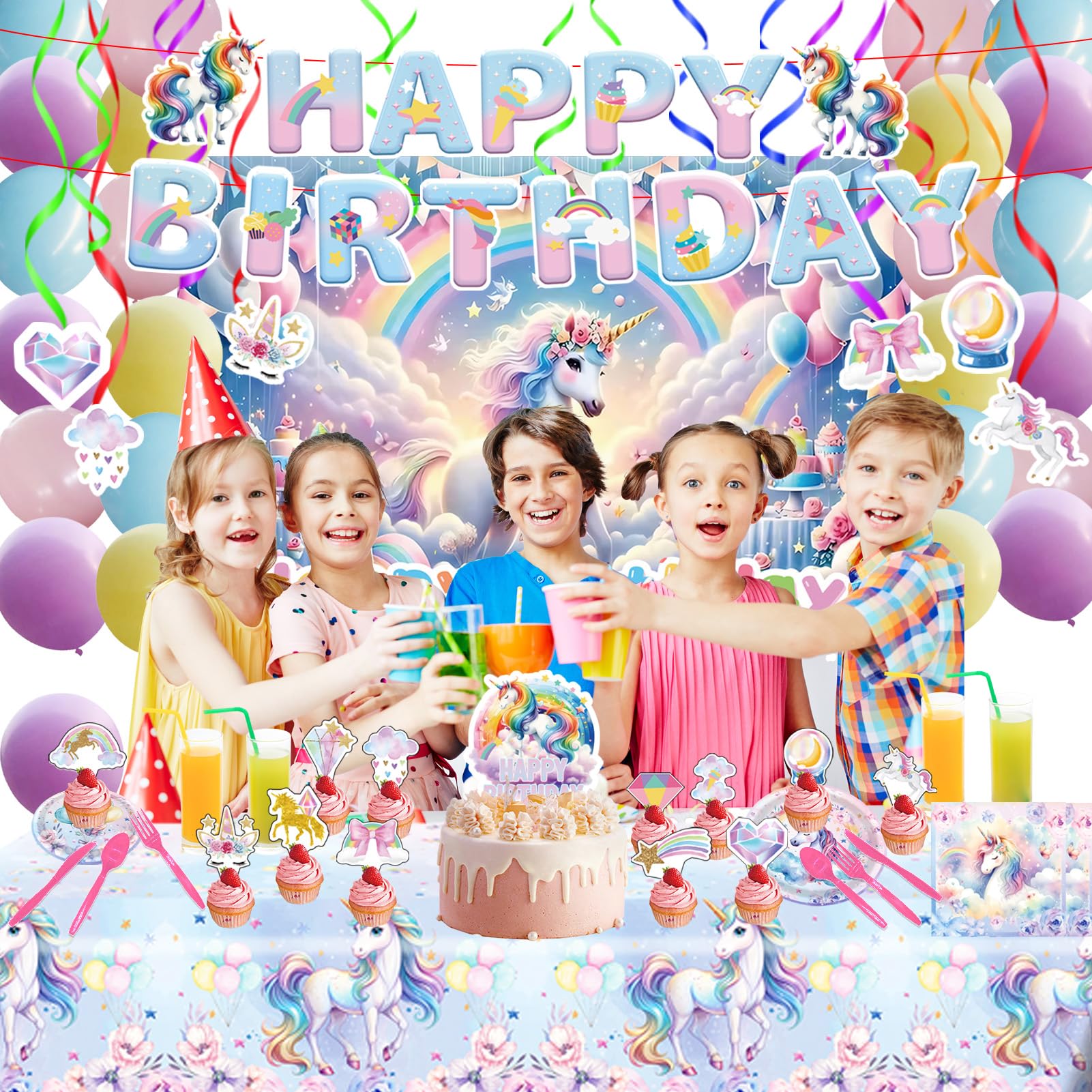 Unicorn party hanging swirls from 220Pcs, create dynamic decor and visual interest.