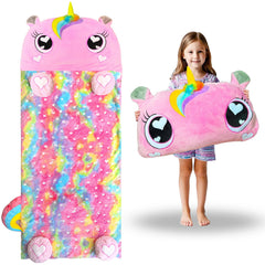 Unicorn Slumber sleeping bag closed in soft pink for cozy naps