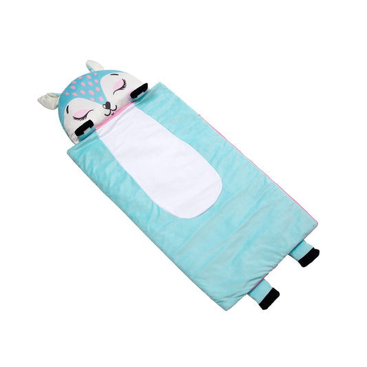 Unicorns & Robots Deer nap mat rolled storage for easy transport after naptime.