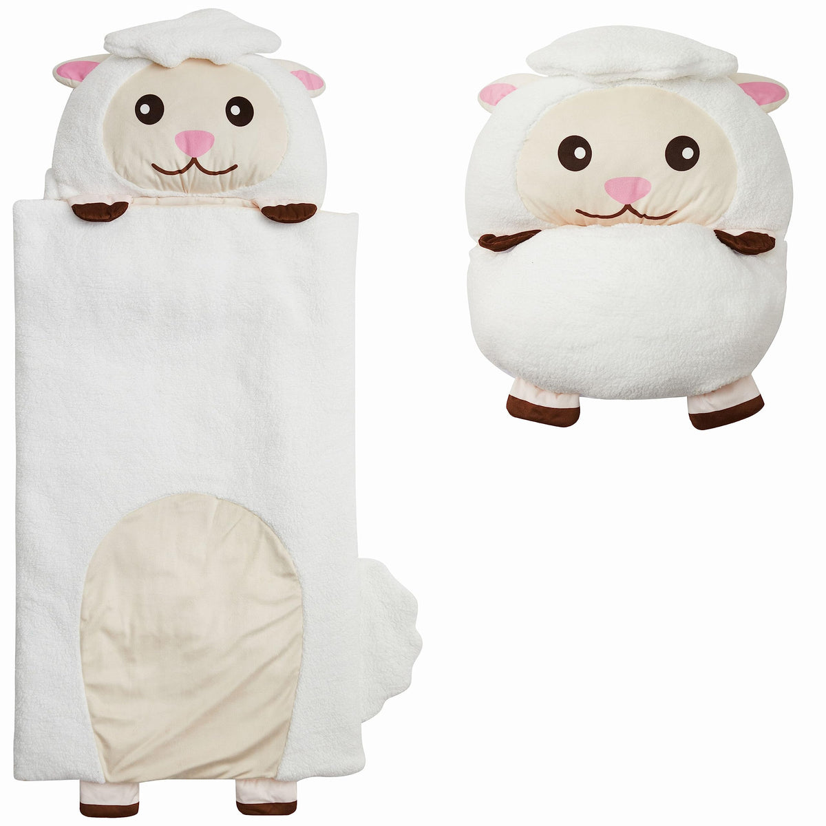 Nap Buddy Lamb sleeping bag from Unicorns and Robots features plush material for cozy naps.