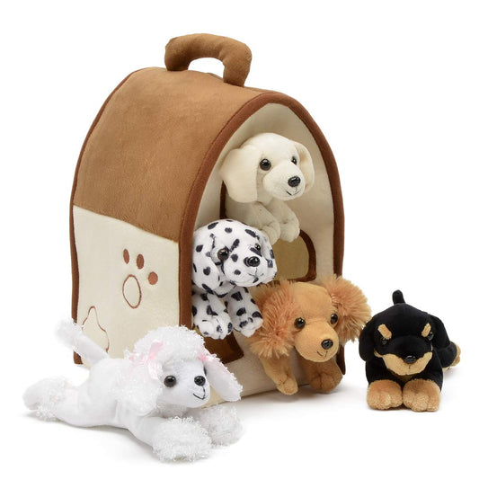 Unipak Plush Dog House with five plush dogs in a carry case for imaginative play
