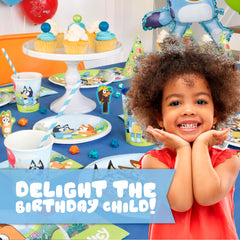 Unique Bluey party supplies kit displayed for a 16-guest celebration