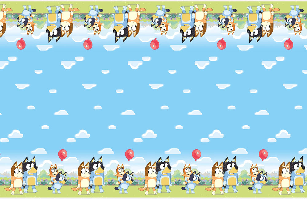 Unique Bluey birthday party decor setup using rectangular covers