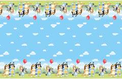 Unique Bluey birthday party decor setup using rectangular covers