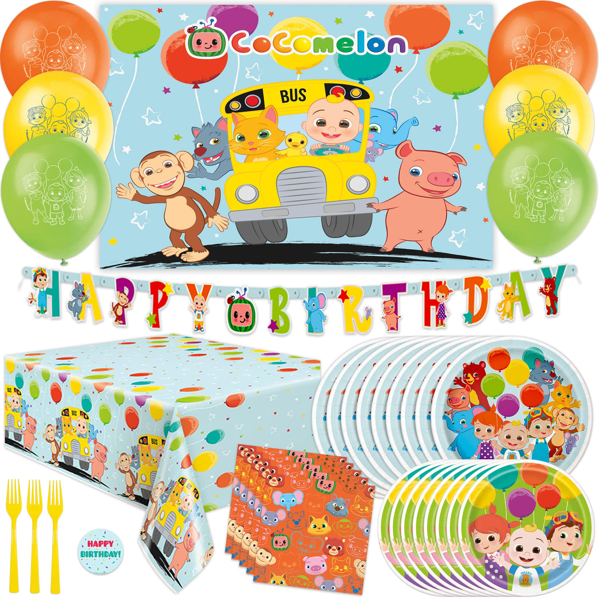 Unique CoComelon party balloons ready to inflate for a festive setup.