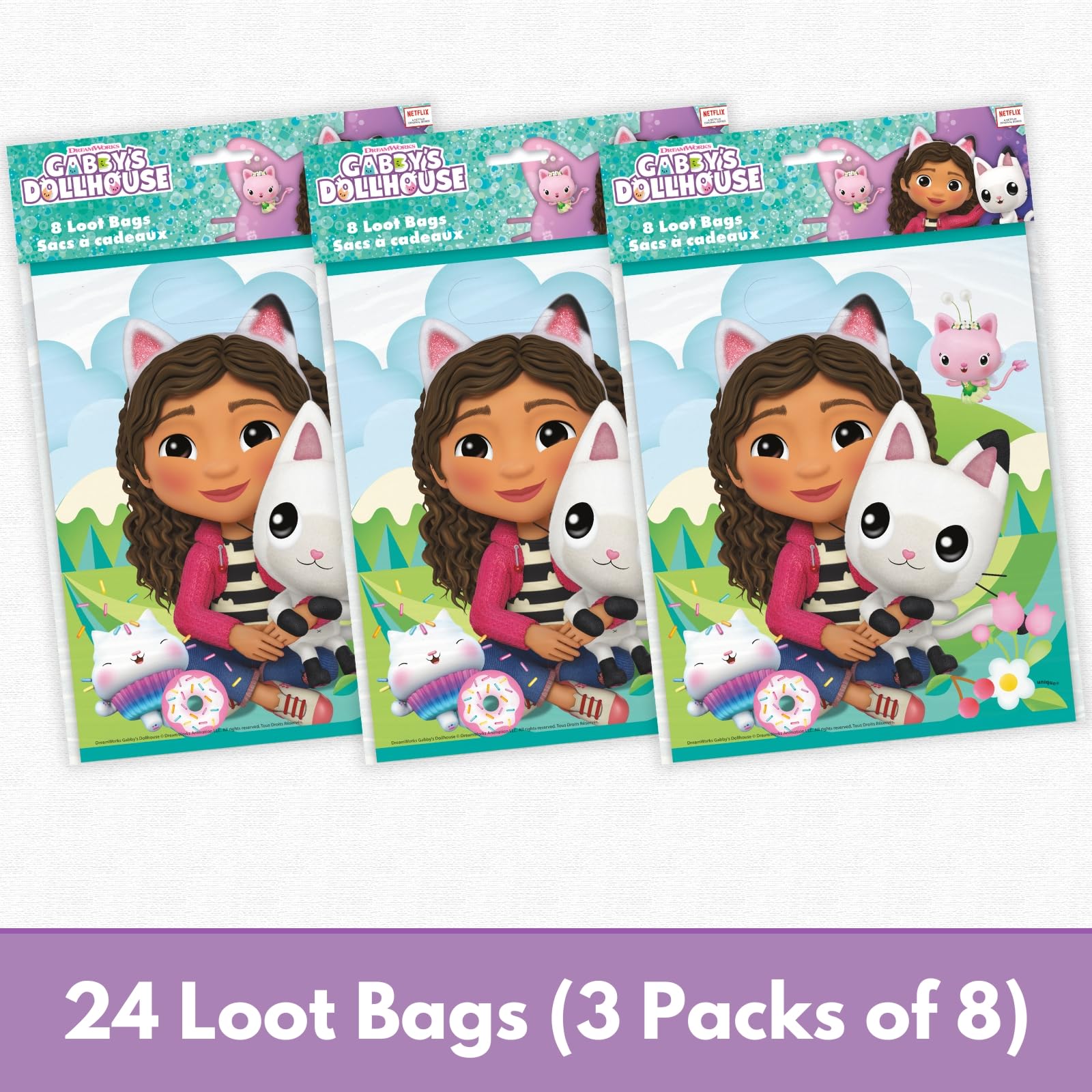 Unique Gabby Dollhouse bags displayed on a party table with decorations.