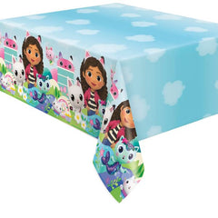 Unique Gabbys Dollhouse table cover rolled out for party setup.