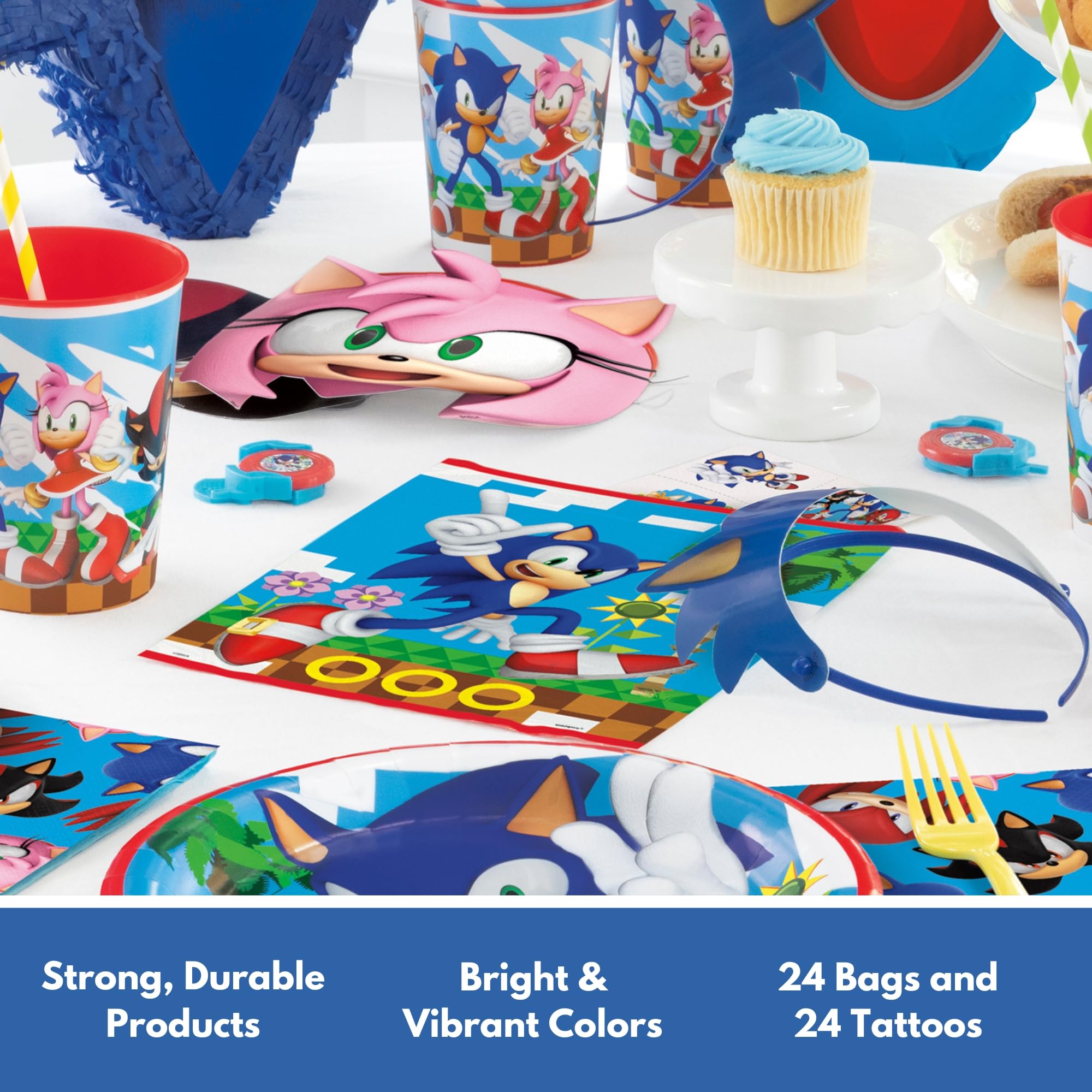 Unique Sonic tattoos 24-pack, durable designs for quick, fun applications at the party.