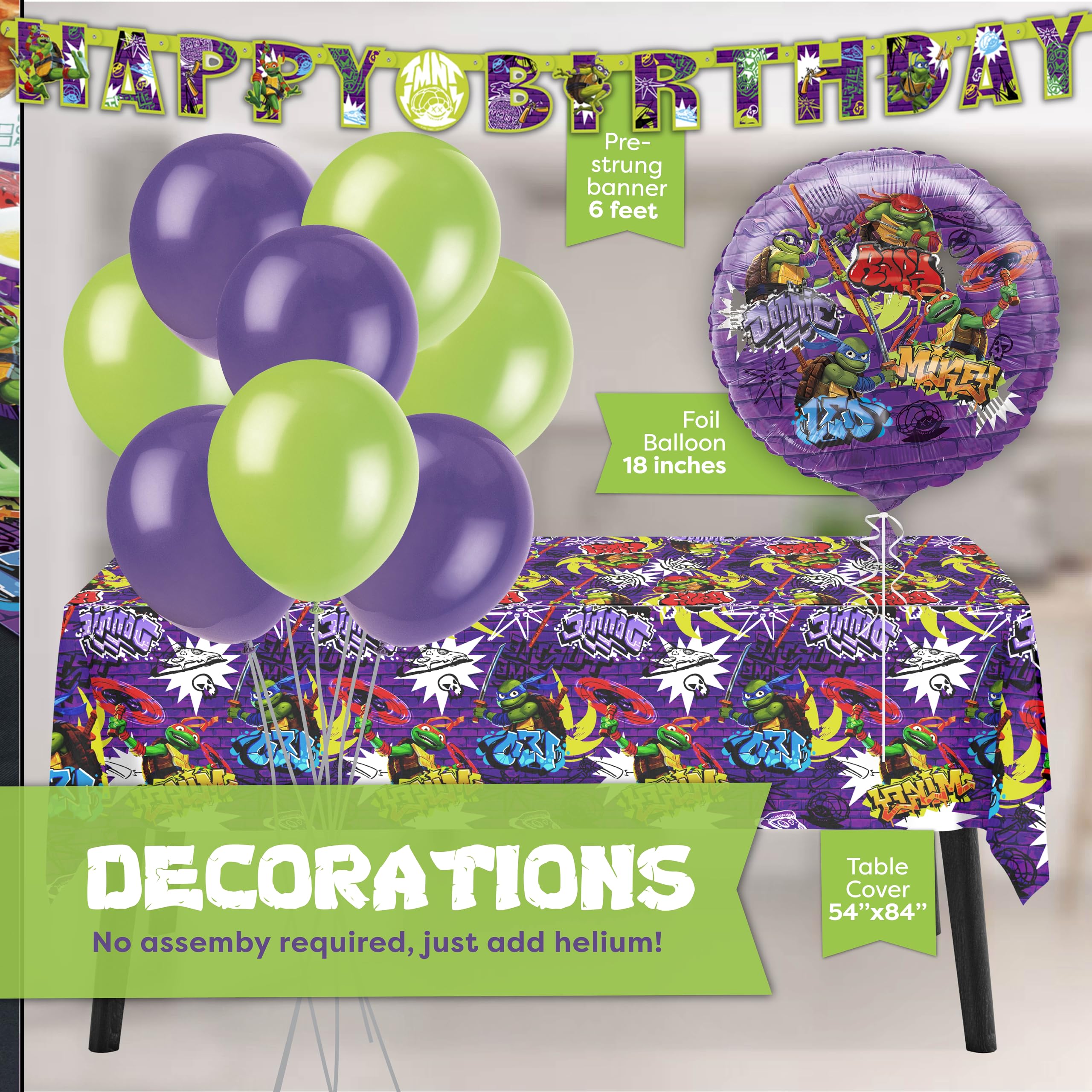 Unique TMNT 9-inch paper plates provide sturdy, kid-friendly dining for 16 guests.
