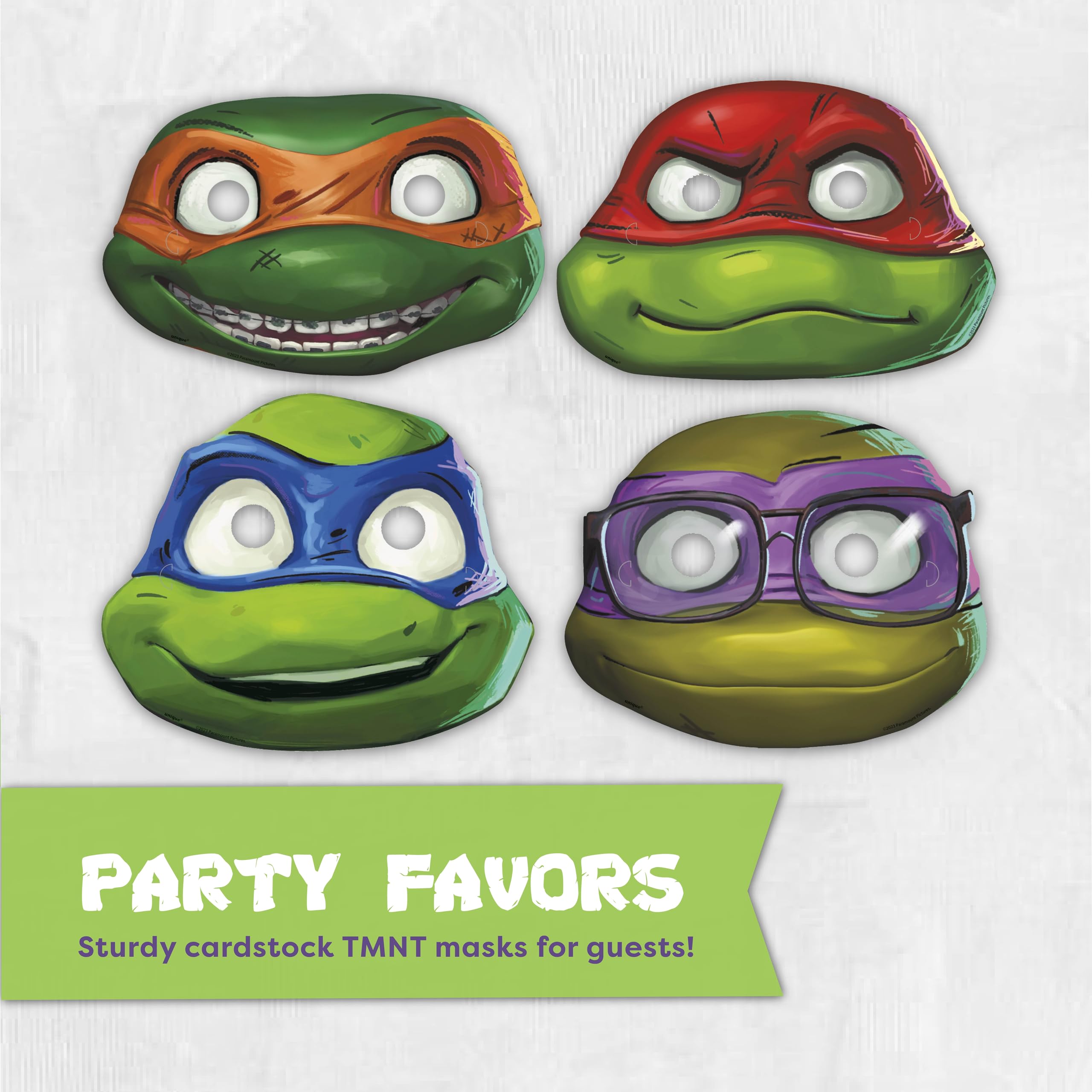 Unique TMNT turtle masks complete the character-themed photos and party moments.