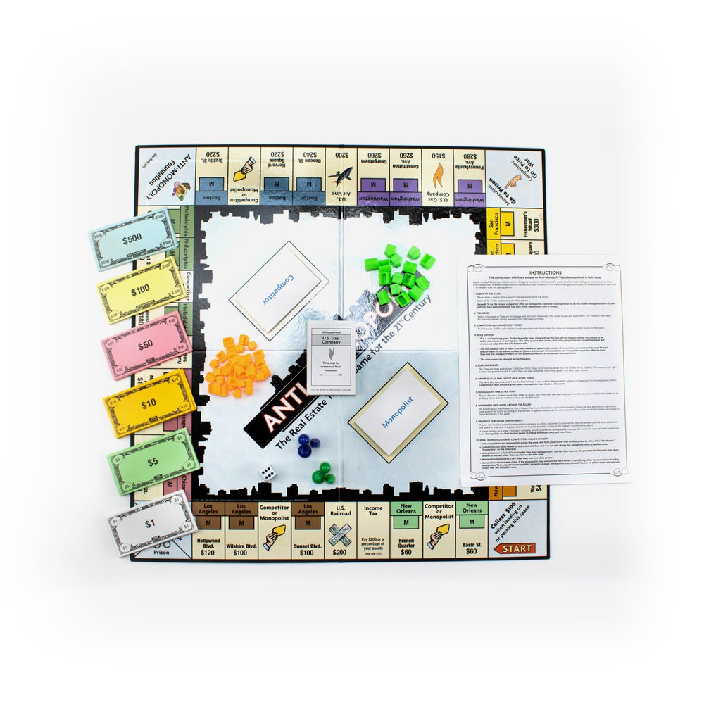 Box art of University Games Anti-Monopoly showcasing a modern twist