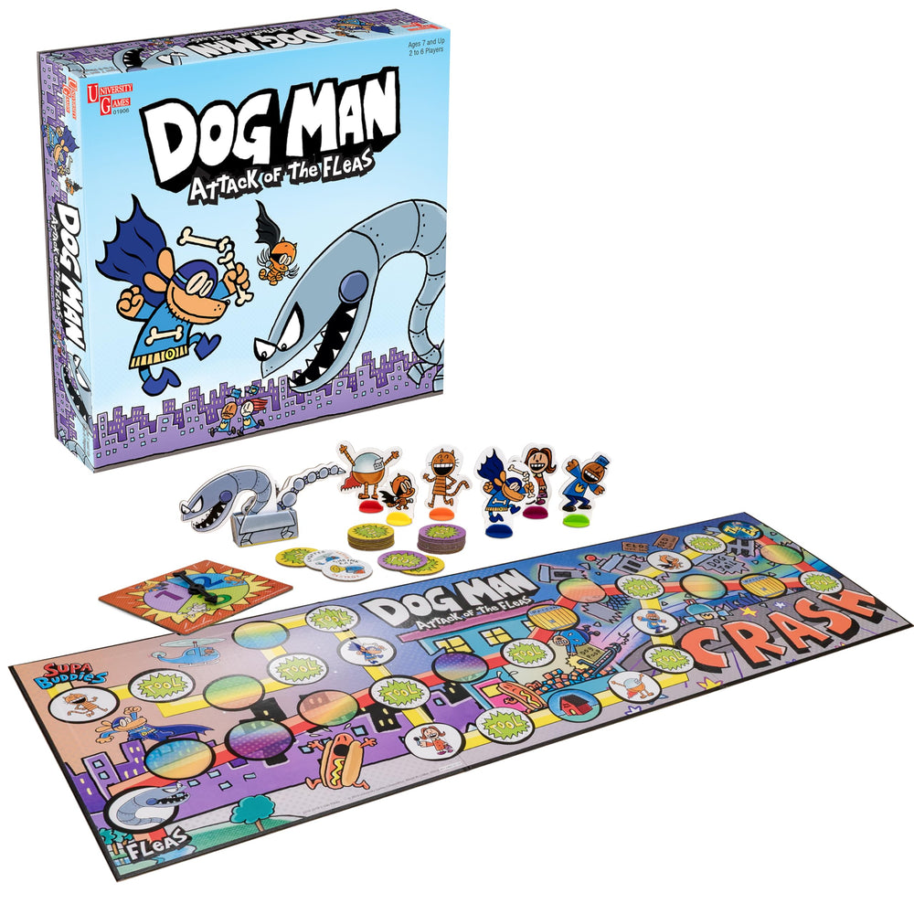 University Games Dog Man: Attack of the Fleas game box, inviting setup for family play