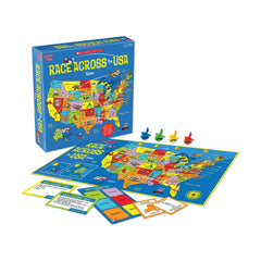 University Games Scholastic Race Across the USA board game cover, inviting family learning and fun.