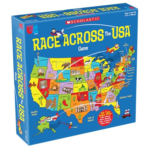 Question cards from University Games Scholastic Race Across the USA prompt grade-tailored challenges.