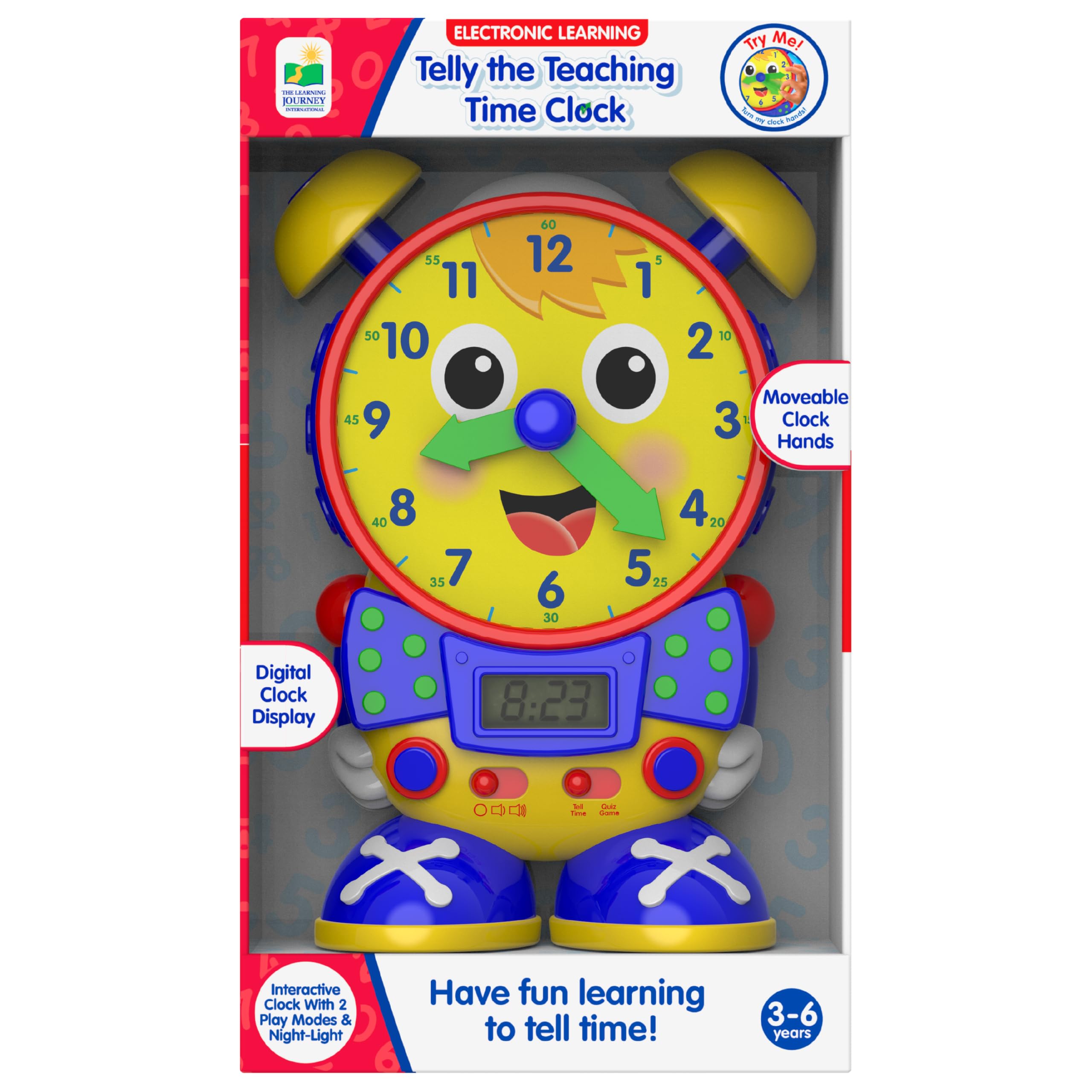 University Games Telly front view showing clock face and LCD, encourages interactive learning