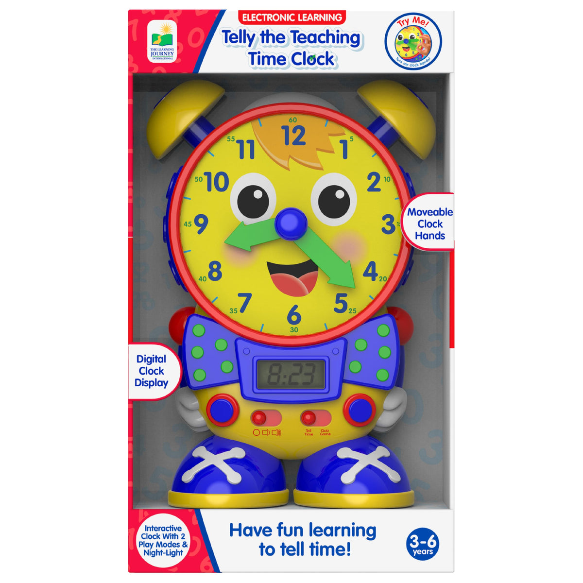 University Games Telly front view showing clock face and LCD, encourages interactive learning