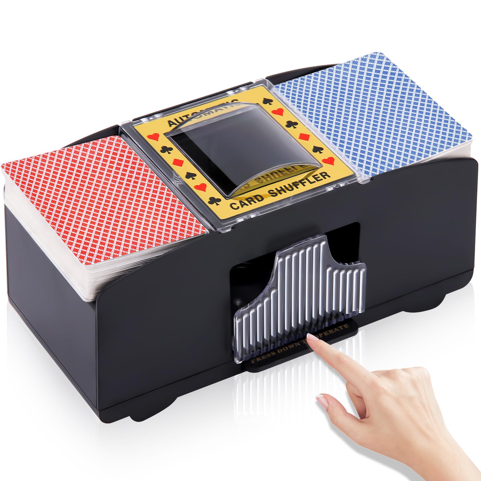 Unniweei automatic card shuffler front view showing a compact home gaming gadget for quick, hands-free shuffling.