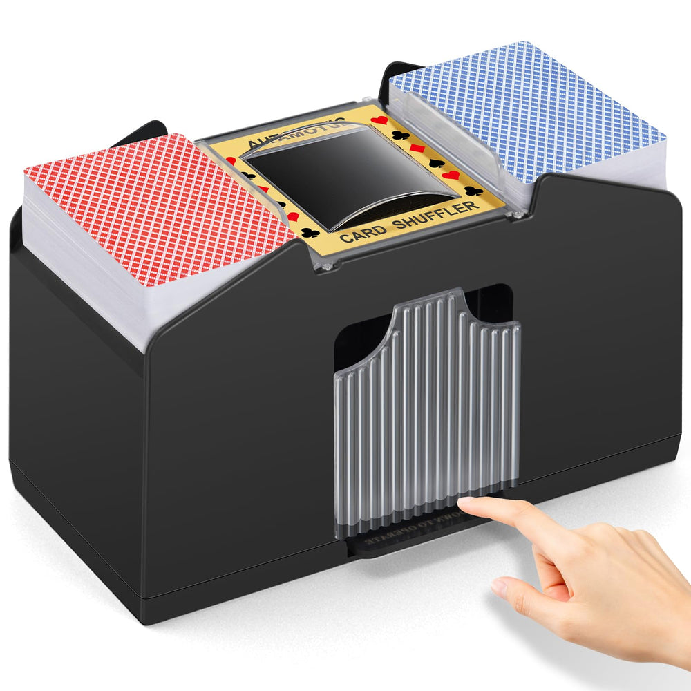 Unniweei automatic card shuffler front view highlighting compact design for convenient home games.