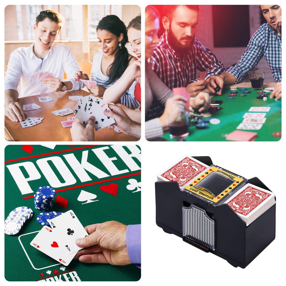 Unniweei shuffler in action shuffling 1-4 decks quickly for poker night.