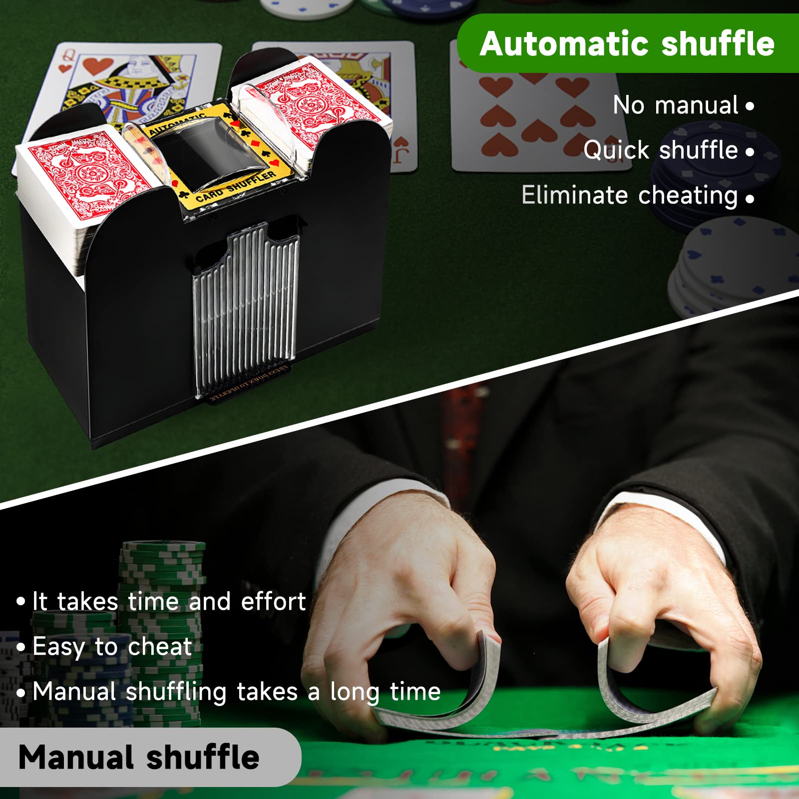 Unniweei shuffler in-use on table with cards for casino-style play