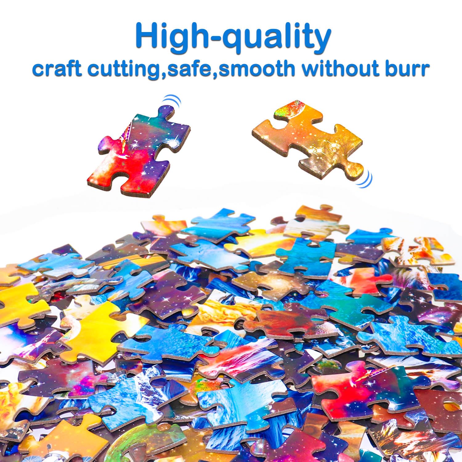 Unolidrom kids puzzle pieces closeup shows interlocking parts and bright planet imagery.
