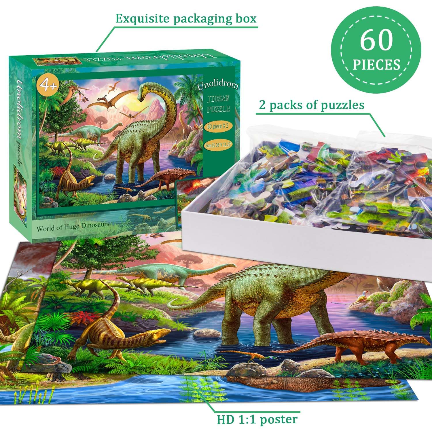 Unolidrom World of Huge Dinosaurs puzzle dino-scene 2 highlights bold colors for focus.