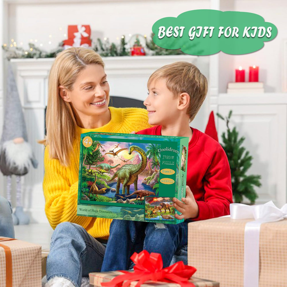 Unolidrom World of Huge Dinosaurs finished puzzle on table inviting family discussion.