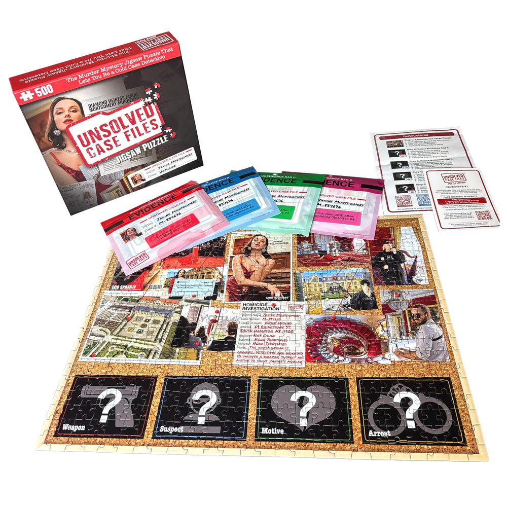Unsolved Case Files puzzle cover featuring the Janine Montgomery case for a captivating mystery experience.