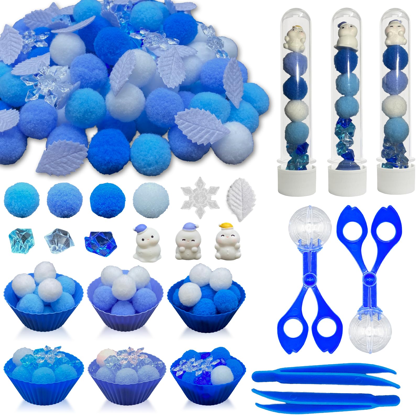 Unvola winter sensory bin with pom poms for color sorting and counting practice